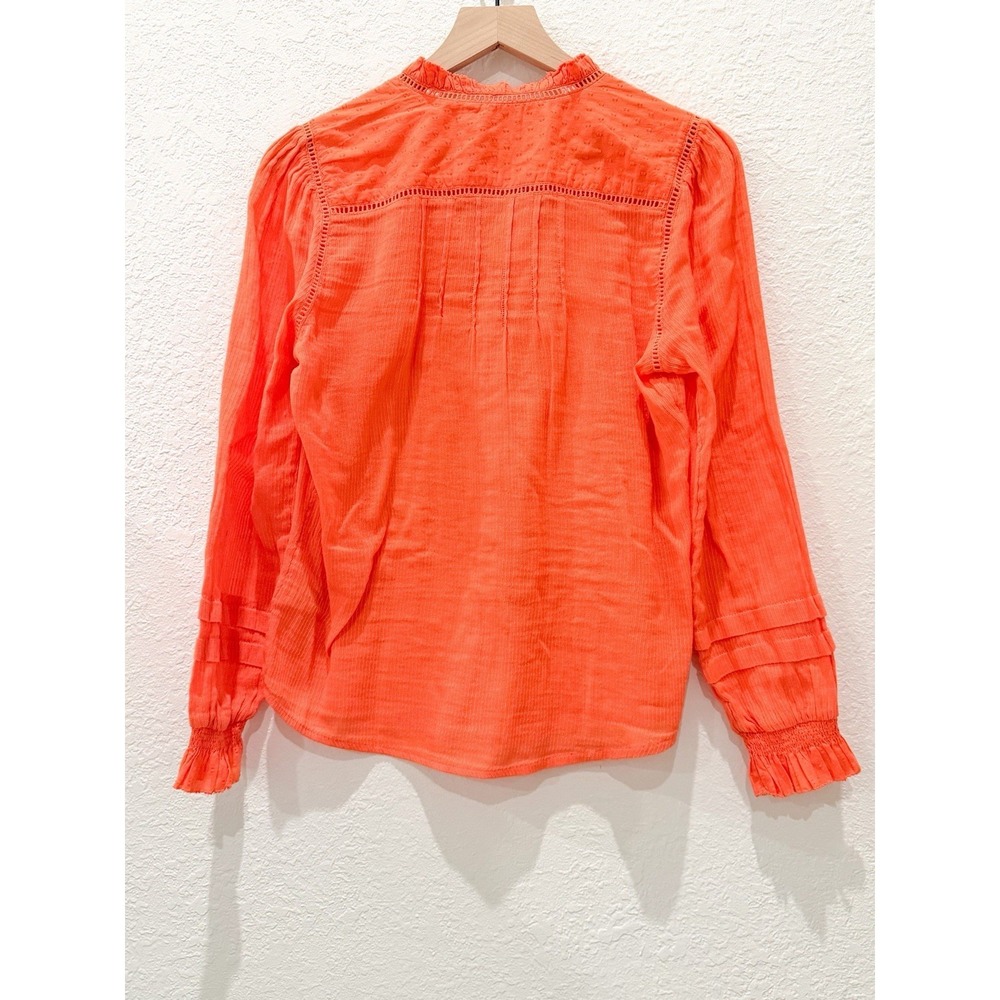 Faherty Willa Ruffle Button Blouse S Organic Cotton Blood Orange Peasant Boho - Picture 5 of 9